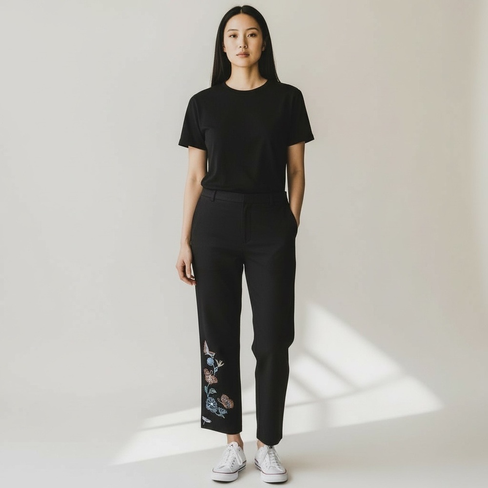 DEANE & WHITE Embroidered Wide Leg Cropped Linen Black Pant - Size 8